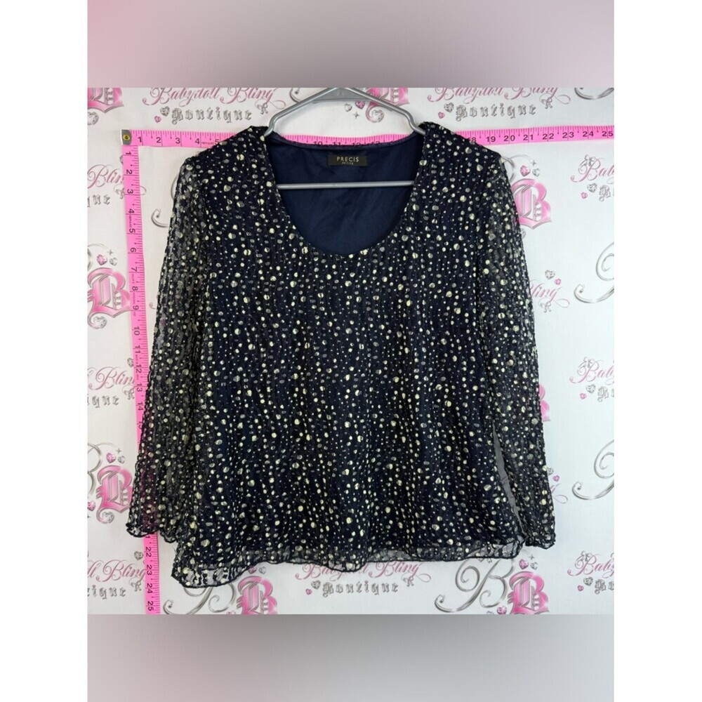 Précis Petite - Navy Blue Sheer Long-Sleeve White/Cream Dot-Accent Blouse